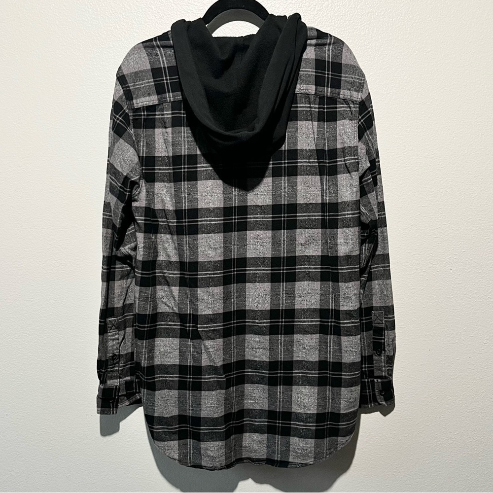PACSUN- Plaid Button Down Long Sleeve Shirt with Hoodie Black and Grey Size L - Picture 2 of 4